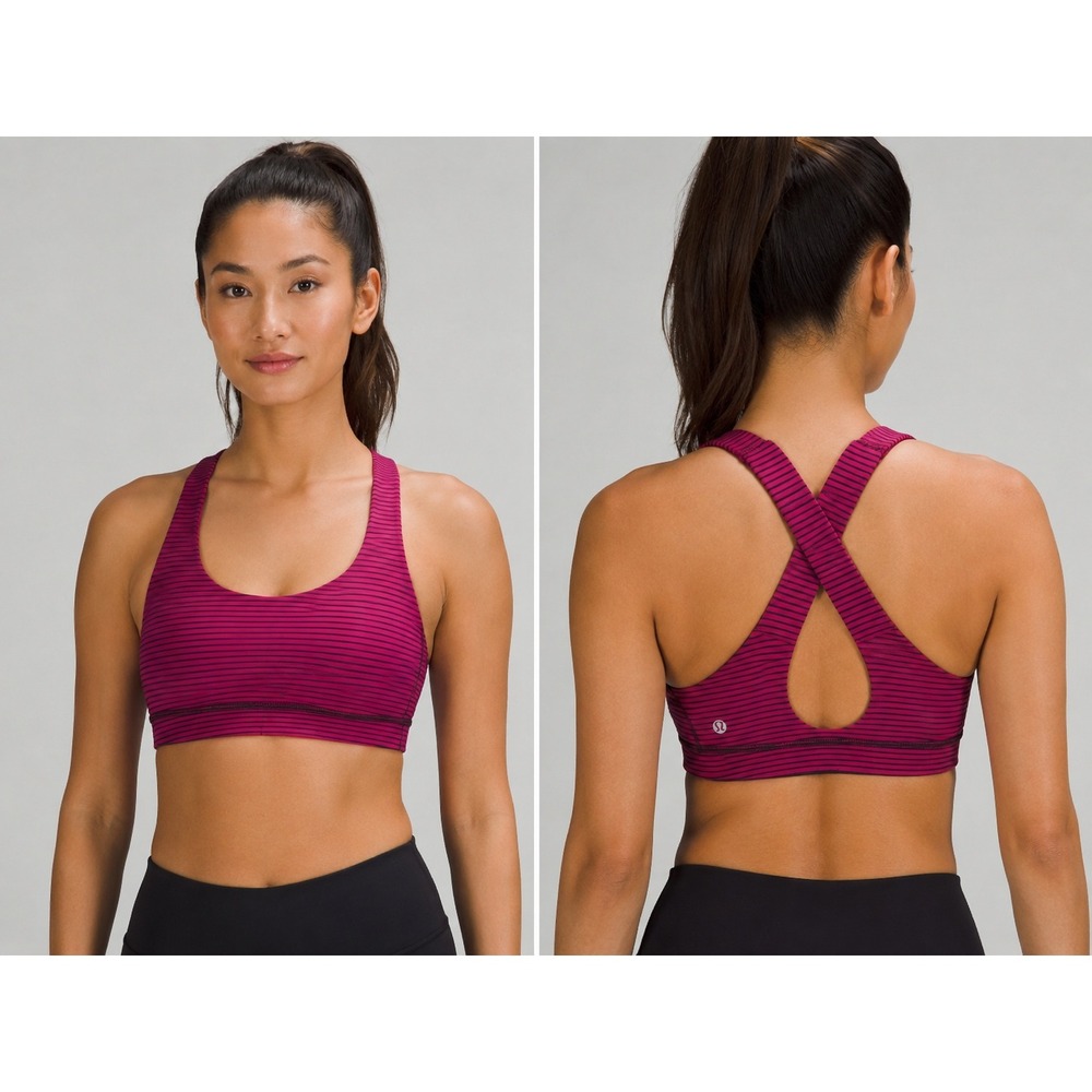 Lululemon Energy Bra Size 10 Pink Black Striped Crossback Sports Bra Yoga Gym